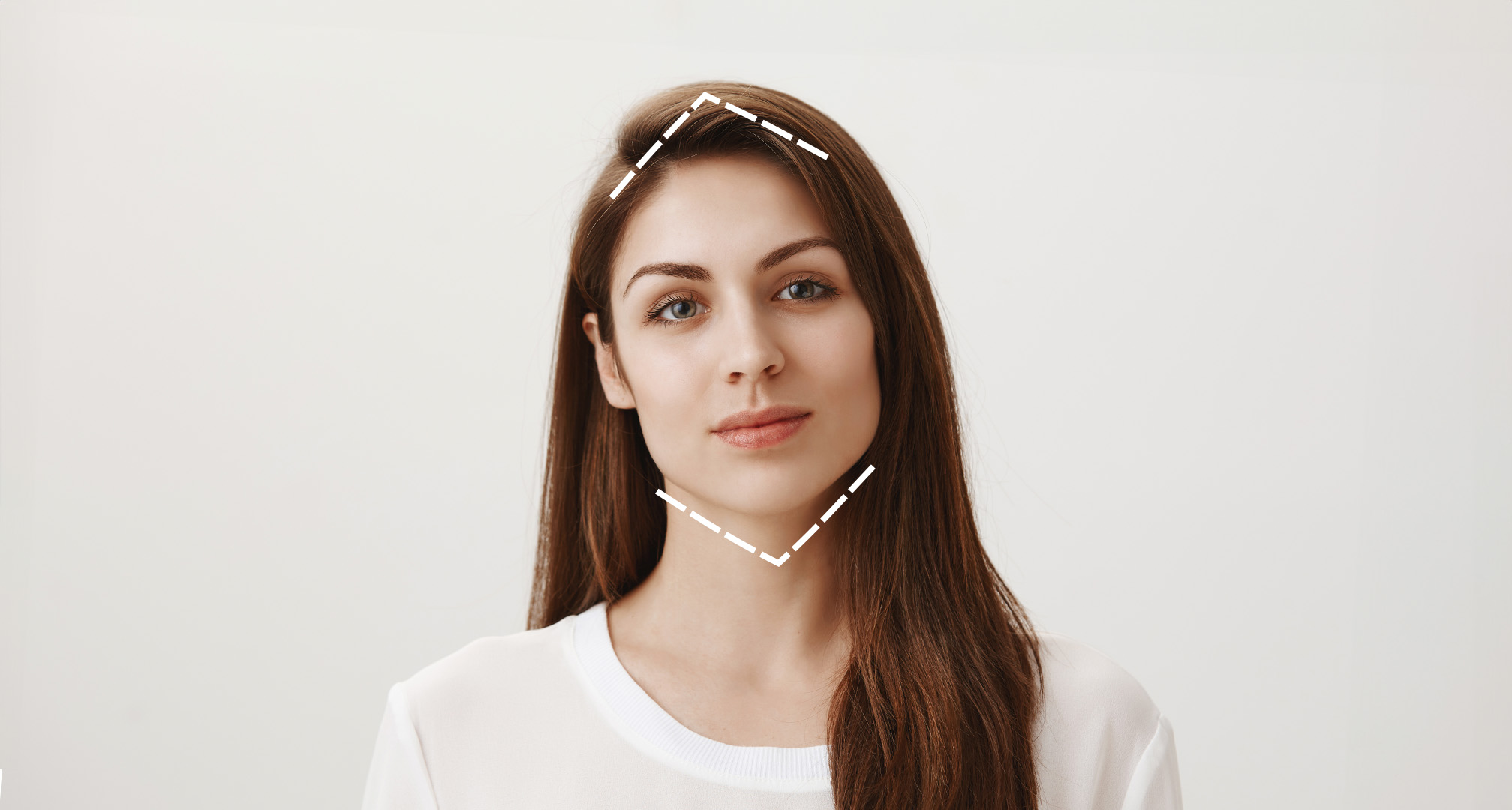 gepunkteter Umriss einer Diamantform um das Gesicht zur Veranschaulichung der Gesichtsform
