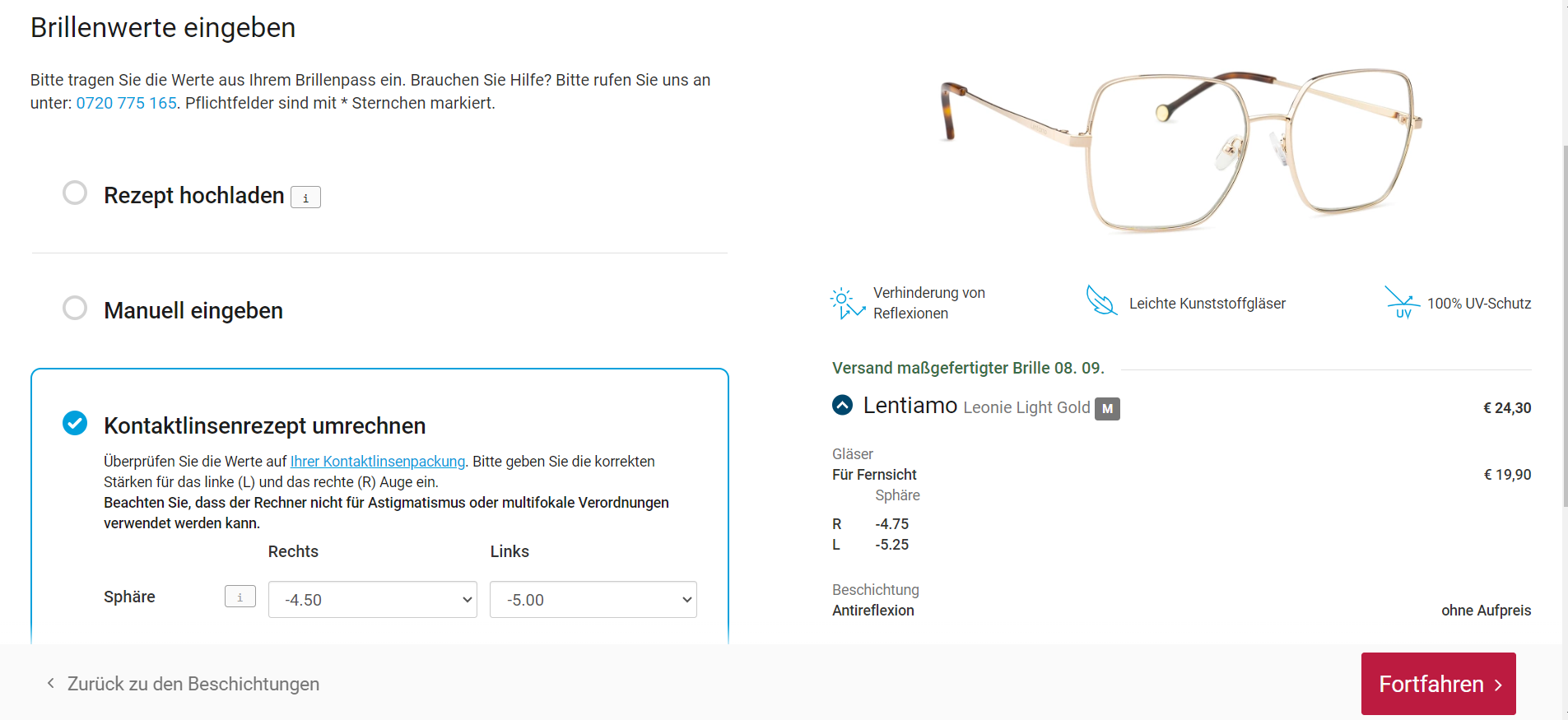 Bildschirmfoto der Kontaktlinsenrezept-Umrechnung beim Bestellvorgang